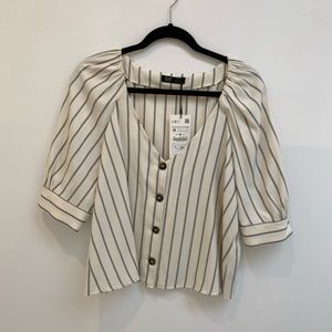 Zara Cream Striped Button-Front Puff Sleeve Top